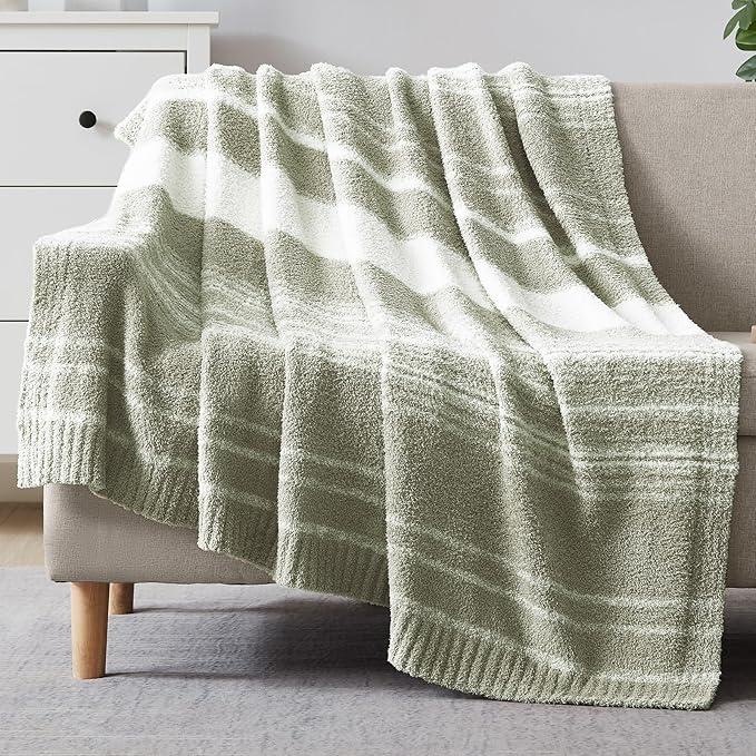 Soft Twin Blanket for Bed-Cozy Warm Reversible Knitted Blankets | Lightweight Fluffy Decor for Women, Mom, Her & Girls, Sofa, Chair, Couch, 60x80in,Sage Green Stripe