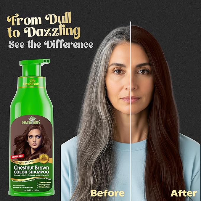 Herbishh Hair Color Shampoo for Gray Hair – Magic Hair Dye Shampoo – Colors Hair in Minutes–Long Lasting–500 Ml–3-In-1 Color for Women & Men –Ammonia-Free (Chestnut Brown)
