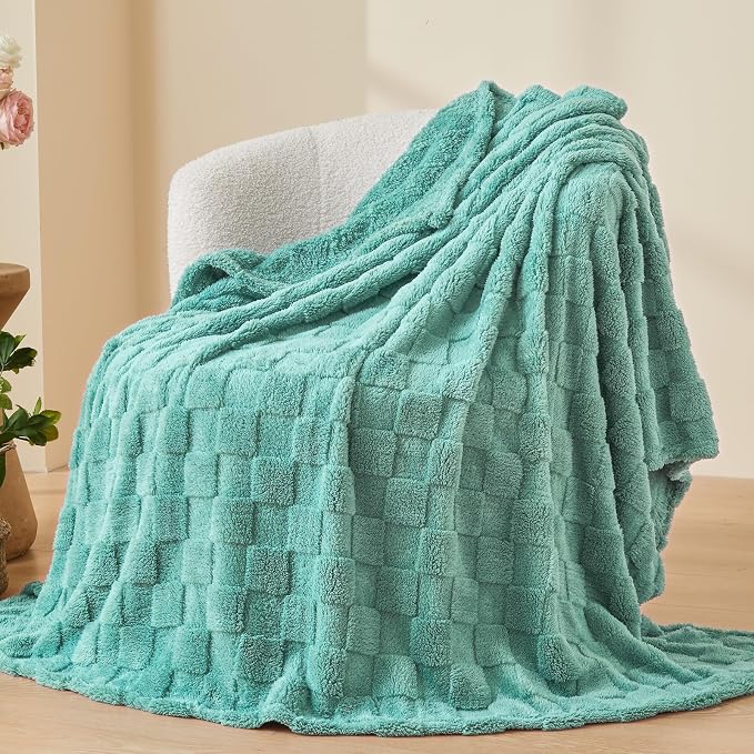 NEWCOSPLAY 3D Checkered Flannel Queen Blanket, Mint Green, 90"x90" | Super Soft Cute Lightweight Decorative Premium Silky Fleece Blanket for Couch Sofa Bed, Gift for Women Men, All Season Use