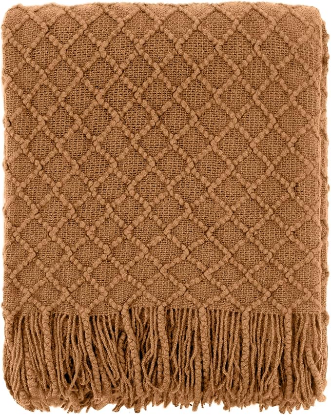 CREVENT Farmhouse Boho Knitted Throw Blanket for Couch Sofa Chair Bed Home Decoration, Soft Warm Cozy Light Weight for Spring Summer Fall (60''X80'' Brown)