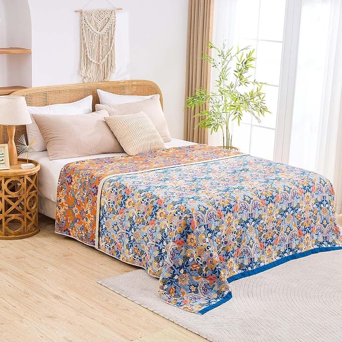 XIBLC Boho Throw Blanket for Bed, 100% Cotton Soft Rustic Quilt Fall Blanket, 80"x90" Floral Printed Farmhouse Decor Bed Blankets, All Season Rustic Reversible Bohemian Throw Quilt