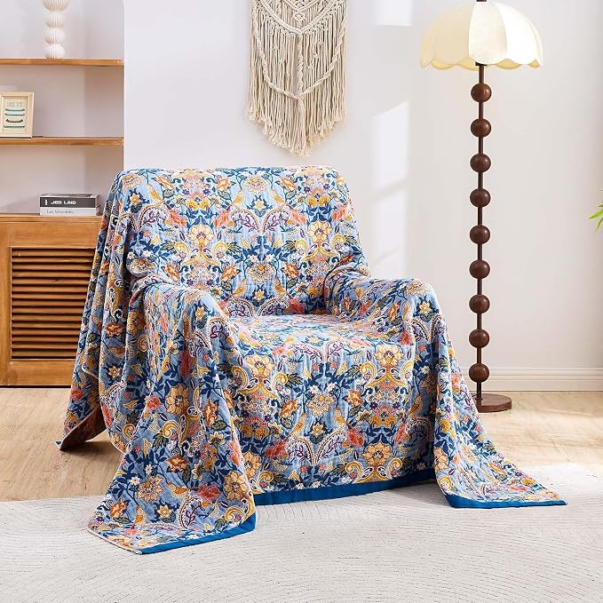 XIBLC Boho Throw Blanket for Bed, 100% Cotton Soft Rustic Quilt Fall Blanket, 50"x60" Floral Printed Farmhouse Decor Bed Blankets, All Season Rustic Reversible Bohemian Throw Quilt