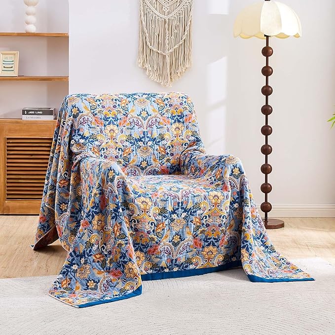 XIBLC Boho Throw Blanket for Bed, 100% Cotton Soft Rustic Quilt Fall Blanket, 90"x98" Floral Printed Farmhouse Decor Bed Blankets, All Season Rustic Reversible Bohemian Throw Quilt