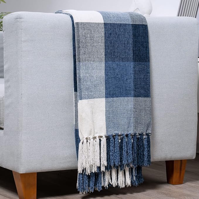 RECYCO Buffalo Plaid Chenille Throw Blanket, 50"x60", Navy Off White | Super Soft Knit Throw Blanket with Tassels, Lightweight, Cozy, Farmhouse Decor, Ideal for Couch Sofa Chair Bed Living Room