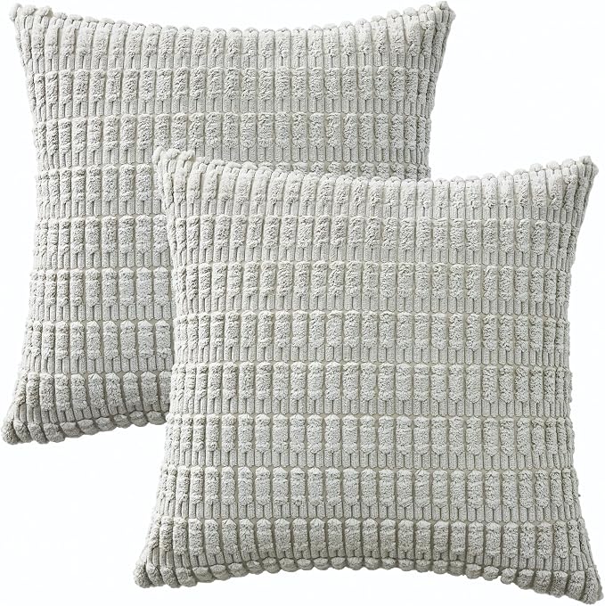 Volcanics Pack of 2 Light Grey Decorative Throw Pillow Covers 18x18 Inch | Soft Corduroy Striped Square Cushion Cases, Modern Farmhouse Boho Home Decor for Couch Bed Sofa Living Room