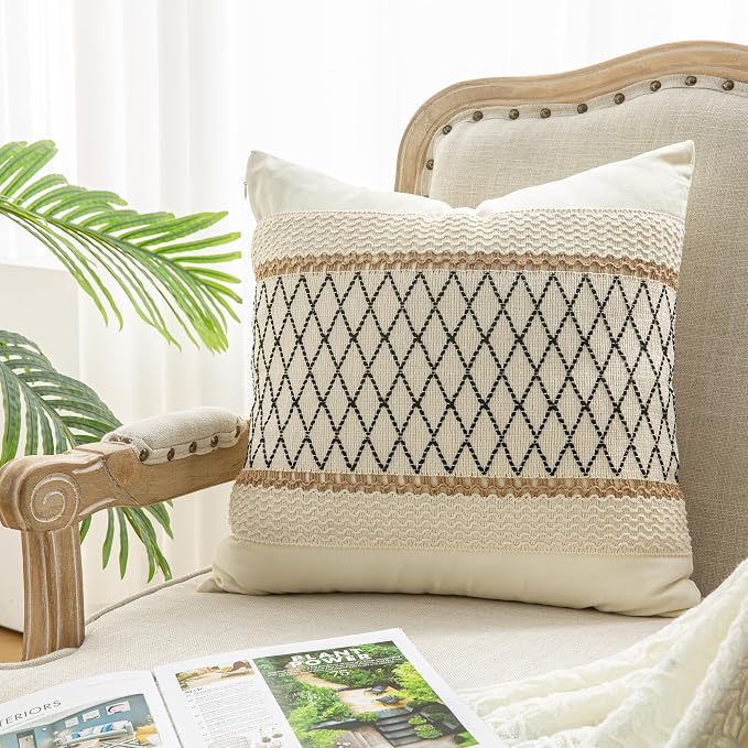 Throw Pillow Covers 18 x 18 Inch 1PC for Farmhouse Living Room, Cotton & Burlap Textured Striped Woven Boho Pillow Covers (Beige & Black Grid)