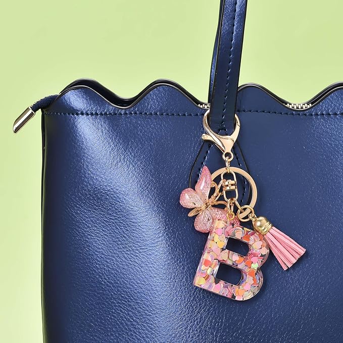 Fashion Alphabet Initial Letter Keychain Tassel Butterfly Pendant Key Ring for Purse Handbags Women Girl