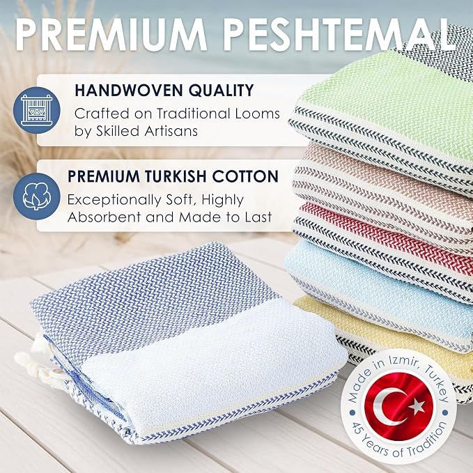 ATANI Turkish Beach Towel (71x39 Inches), Converts to a Bag, Oversized 100% Cotton Bath Towels Lightweight Quick-Dry Beach Blanket for Travel, Picnic, Camping, Yoga and Pool (Blue)
