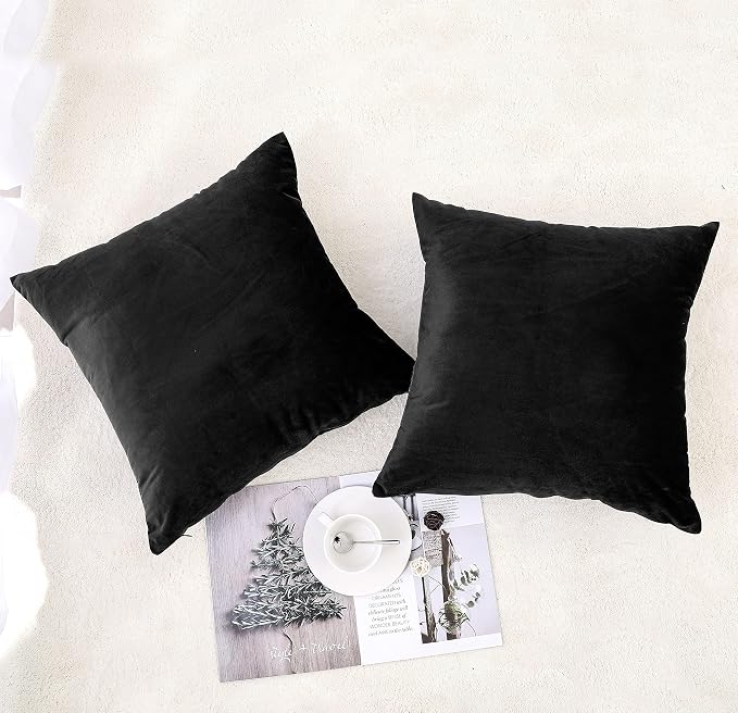 NiNi ALL Black Velvet Throw Pillow Covers 20x20 Pack of 2 Decorative Couch | Soft Solid Boho Cushion Squar Pillow Cases for Chair Sofa Bedroom Farmhouse Living room Modern Luxury Home Decor Halloween