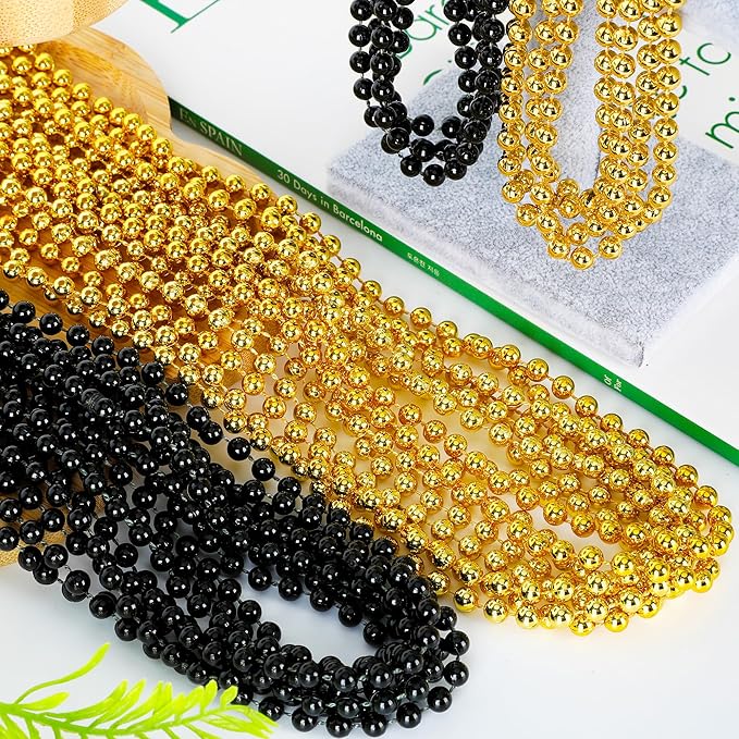 30PCS New Years Beads Necklaces, Black Gold Beaded Necklace Party Supplies, 33" New Years Eve Graduations Necklaces Decorations, Festival New Years Graduations Mardi Gras Parade Throw Accessories