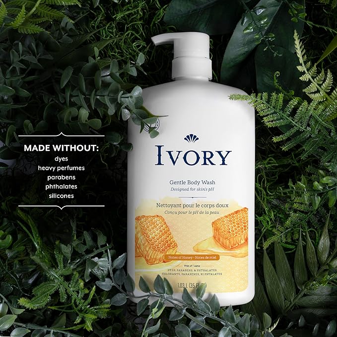 Ivory Body Wash Gentle, Free of dyes, parabens, and phthalates, Honey Scent, 35 oz (Pack of 4)
