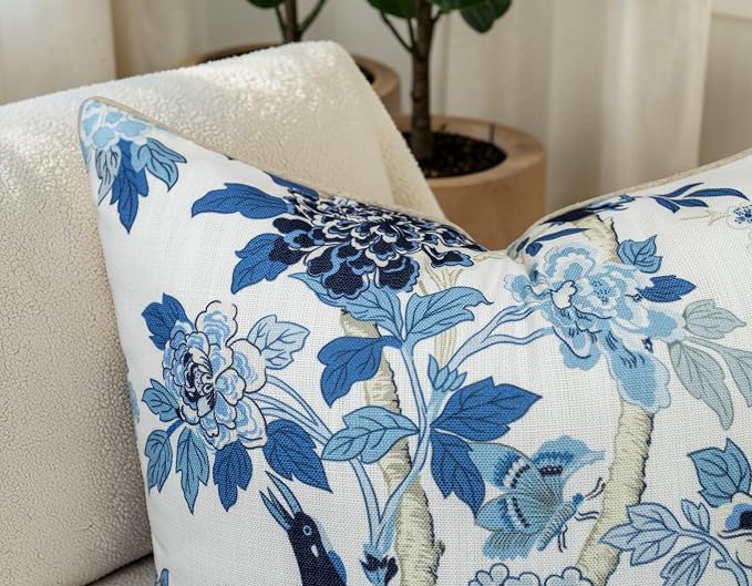Chinoiserie Bird Hydrangea Print 20x20 Throw Pillow Cover, Blue | Blue bird and hydrangea floral on off-white slub, tan piping; both sides printed; hidden; cover only