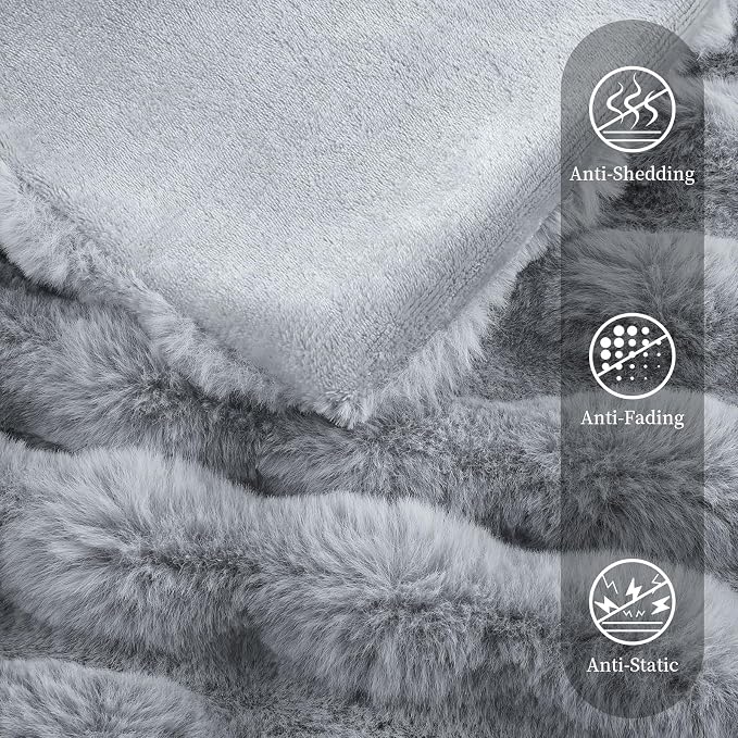 Faux Rabbit Fur Throw Blanket for Couch Gifts for Women, 60"x80" Gray | Cozy Reversible Fluffy Throw, Luxury Plush Thick Bubble Blanket, Mothers Gifts for Women, Soft Warm for Bed, Home Decor