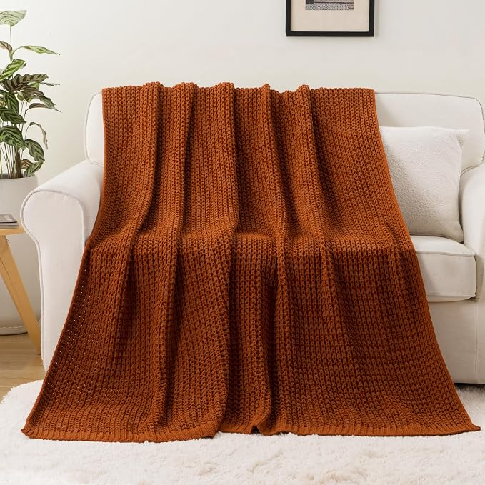 Waffle Knit Blanket Throw, Fall Caramel Throw Blanket for Couch, 50"x60" | Chunky Chenille Throw Blanket, Soft Rust Throw Blanket for Home Decor, Autumn, Sofa, Modern Farmhouse Knitted Style