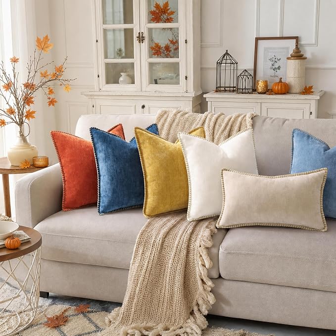 decorUhome Soft Chenille Throw Pillow Covers 12x20 Set of 2 Rust | Fall Textured Decorative Throw Pillow Cases Stitched Edge Modern Farmhouse Luxury Boho Velvet for Couch Sofa Bed Home Decor