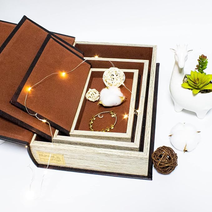 Decorative Book Box Set of 3,Vintage Style Book Shaped Storage Box | Leather Decorative Wooden Trinket Jewelry Books Boxes with Antique Embossed Pattern,Mother's Day/Graduation/Birthday Gift