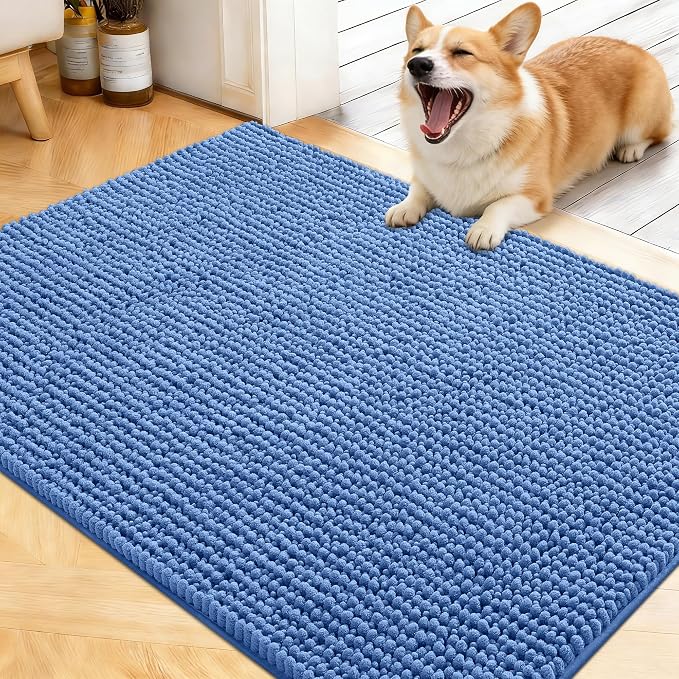 OLANLY Dog Door Mat for Muddy Paws 40x32, Extra Absorbent Chenille Mud Mat | Cornflower Blue, Absorbs Moisture and Dirt, Non-Slip Machine Washable Doormat, Quick-Dry Indoor Entryway Floor Mat for Dogs