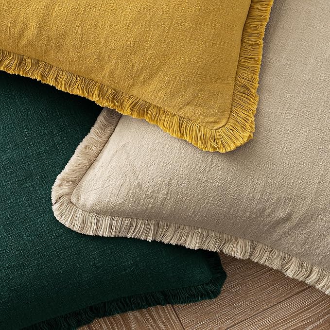 MIULEE Boho Linen Fringe Decorative Throw Pillow Covers Beige 16x16 | Set of 2, Cottagecore Decor, Boho Farmhouse Neutral Pillow Covers, Rustic Couch Cushion Cases for Sofa Bed Living Room