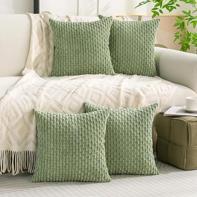 Set of 4 Sage Green Decorative Throw Pillow Covers 16x16 Inch Corduroy Pillow Covers for Bed Couch Sofa Living Room Soft Square Cushion Cases