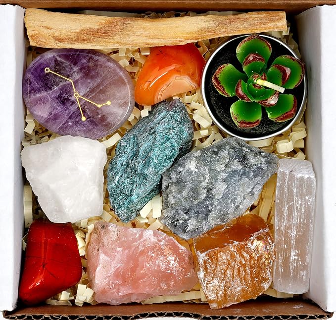 DANCING BEAR Cancer Zodiac Healing Crystals Gift Set, (14 Pc): 9 Stones, 18K Gold-Plated Constellation Necklace, Meteorite, Succulent Candle, Palo Santo Smudge Stick, and Info Guide, Made in The USA