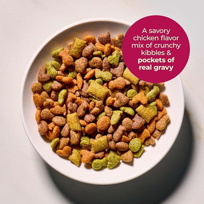 Meow Mix Gravy Bursts Dry Cat Food, 3 lb Bag | Crunchy cat kibble, gravy filled pieces, 100% complete & balanced nutrition