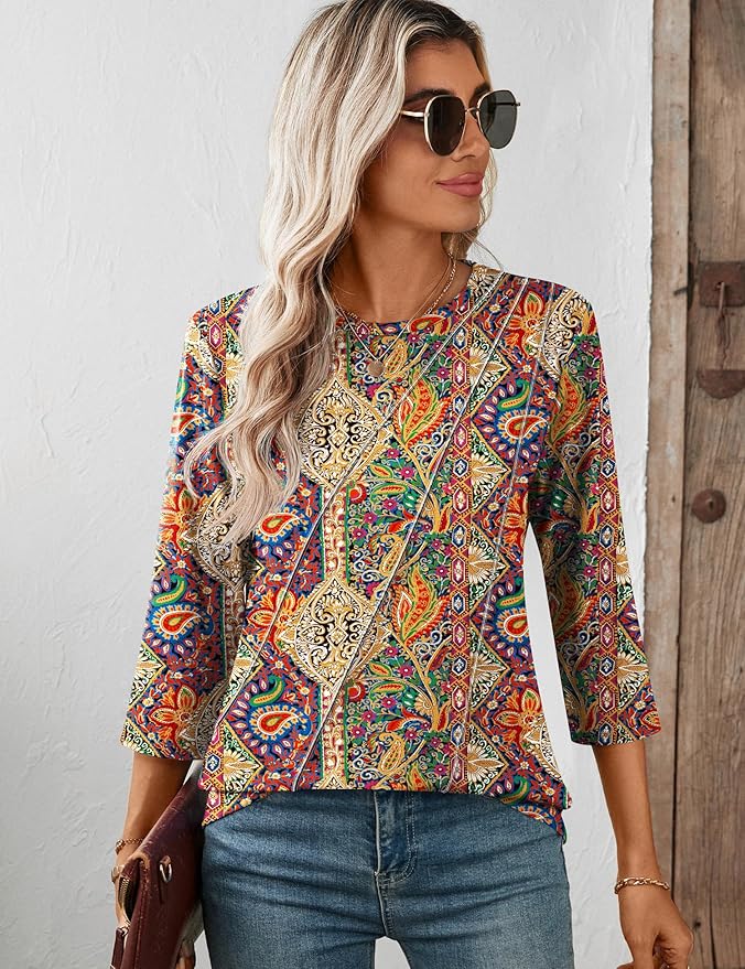 LOMON 3/4 Length Sleeve Womens Tops Spring Summer Fashion 2026 Tops Crew Neck Pleated Shirts Tunic Top Loose Fit