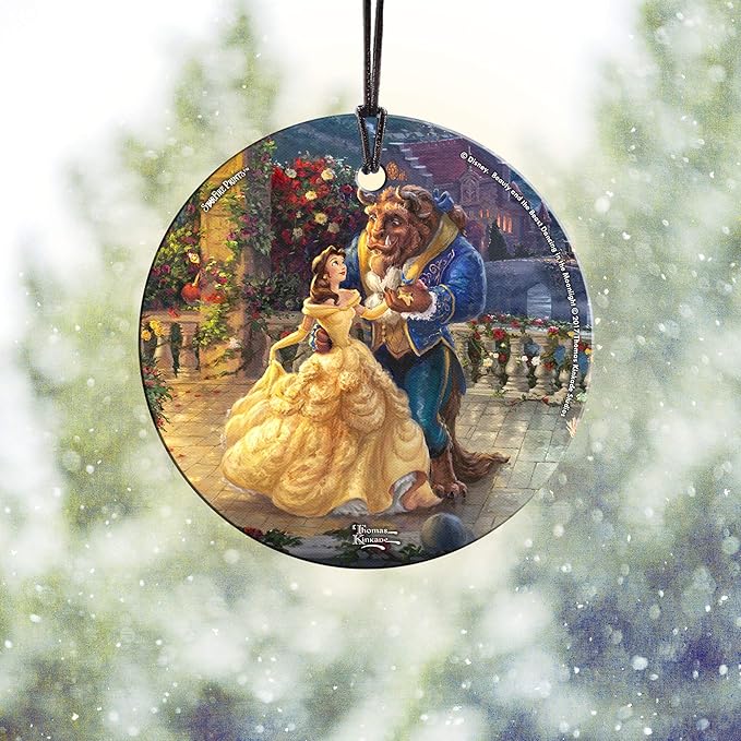 Thomas Kinkade Disney Dancing in The Moonlight Beauty and The Beast 3.5” Starfire Prints Hanging Glass Print Accessory SPCIR737