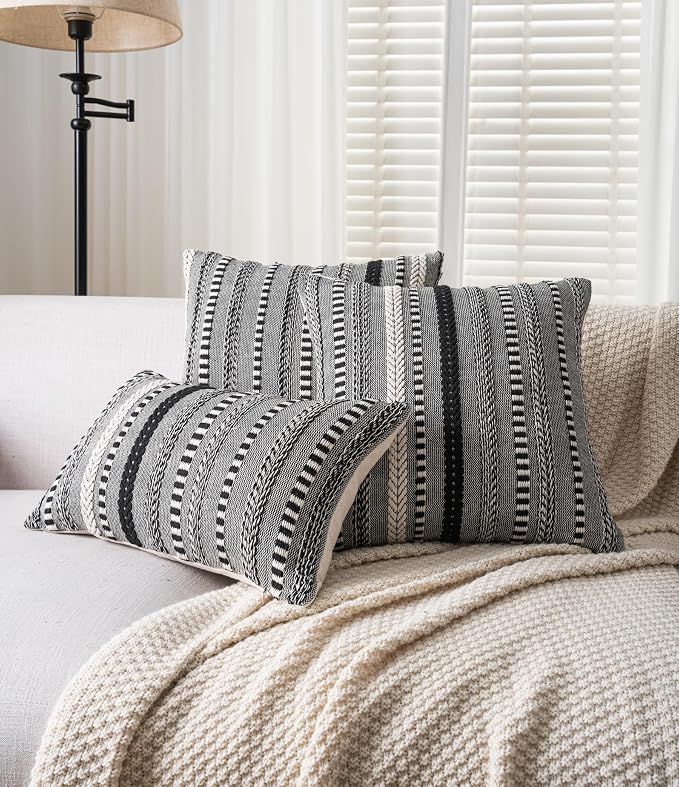 Cethom Boho Throw Pillow Covers 18x18 Inch Set of 2, Farmhouse Decorative Couch Pillow Cases, Black Accent Pillows of Bed, Sofa Bedroom Living Room Home Decor Cushion Cover