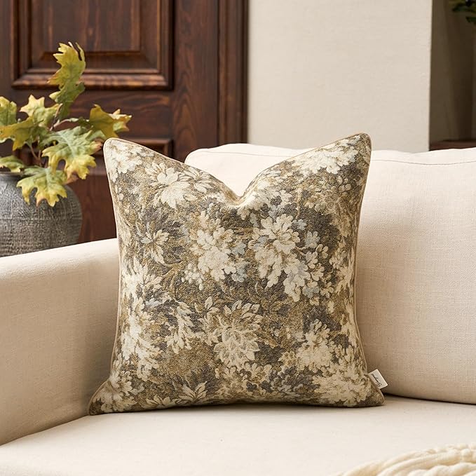Neutral Floral Pillow Cover 24 x 24 Inches, Vintage Chenille Square Throw Pillow Cover Soft Decorative Farmhouse Accent Couch Pillow Cover for Living Room Bedroom, Beige