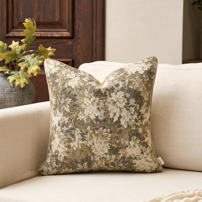 Neutral Floral Pillow Cover 20 x 20 Inches, Vintage Chenille Square Throw Pillow Cover Soft Decorative Farmhouse Accent Couch Pillow Cover for Living Room Bedroom, Beige