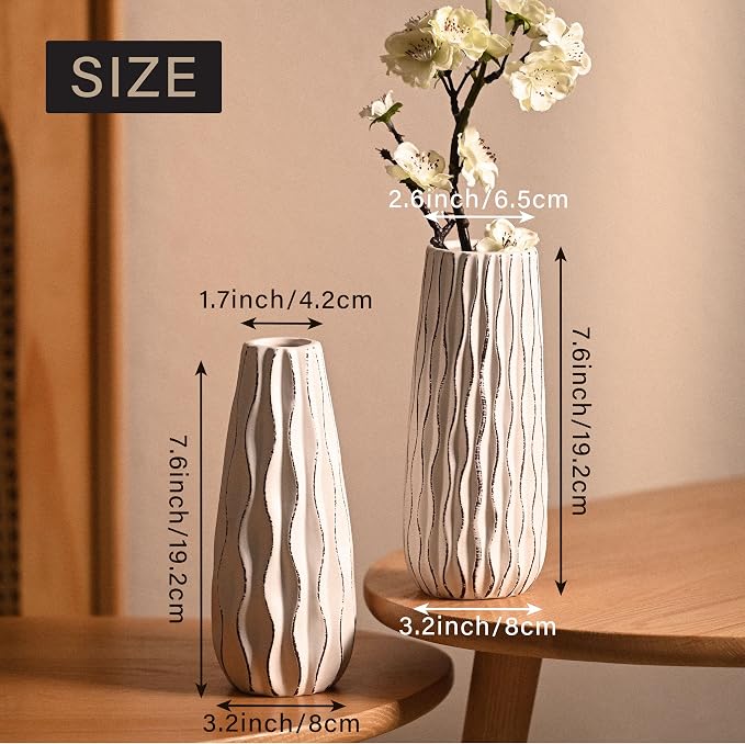 VICTOR & TERESA Ceramic Vase for Flowers, 8'' Set of 2 Decorative White Vases for Home Decor, Farmhouse Vases for Pampas Grass, Table, Mantel, Living Room, Shelf, Centerpieces, Gifts for Mom