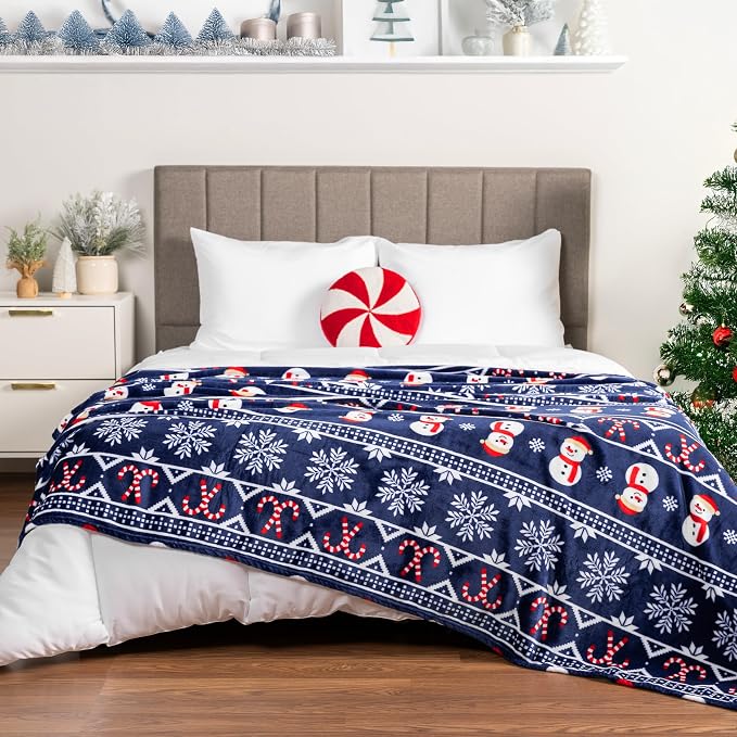PAVILIA Christmas Snowman Throw Blanket | Blue Holiday Christmas Fleece Blanket | Soft, Plush, Warm Winter Cabin Throw, 60x80 (Blue Christmas)