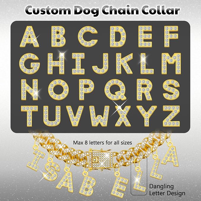 Custom Dog Chain Collar with Name, Diamond Collars Metal Chain Necklace with Secure Buckle, Cuban Style Jewelry Accessories for Puppy Small Medium Large Dogs(Gold, 8 Inch)