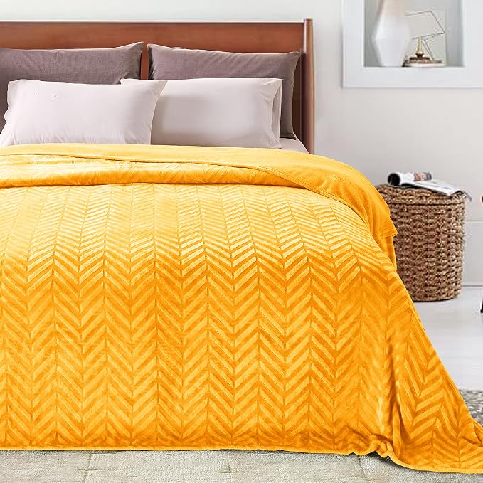 Whale Flotilla Flannel Fleece Fall Bed Blanket Twin XL Size, Lemon Yellow | Lightweight Breathable Soft Bedspread, Plush Fluffy Coverlet Chevron Design Decorative Blanket for Home Life, 90x66 Inch