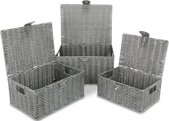 Honygebia Grey Wicker Storage Baskets - Set of 3 Decorative Nesting Boxes with Lids, Woven Basket with Lock & Handle, Organizer for Beauty Makeup Bathroom Decor