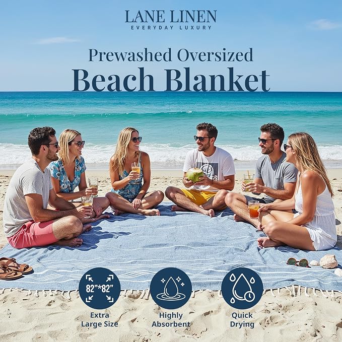 LANE LINEN Beach Towels Oversized - Picnic Blankets (82x82), Sand- Free Beach Accessories Must Haves for Family Vacations, Park Outings with Easy Carry, Quick Setup & Dry, Machine Washable – Sky Blue