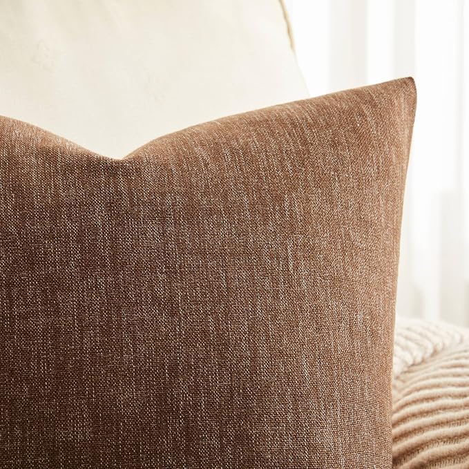 Rustic Linen Throw Pillow Covers Set of 2, Brown 18x18in | Textured Pillow Case, Rustic Cotton Linen Fabric, Modern Farmhouse Cushion Covers for Sofa Bed Living Room Home Decor