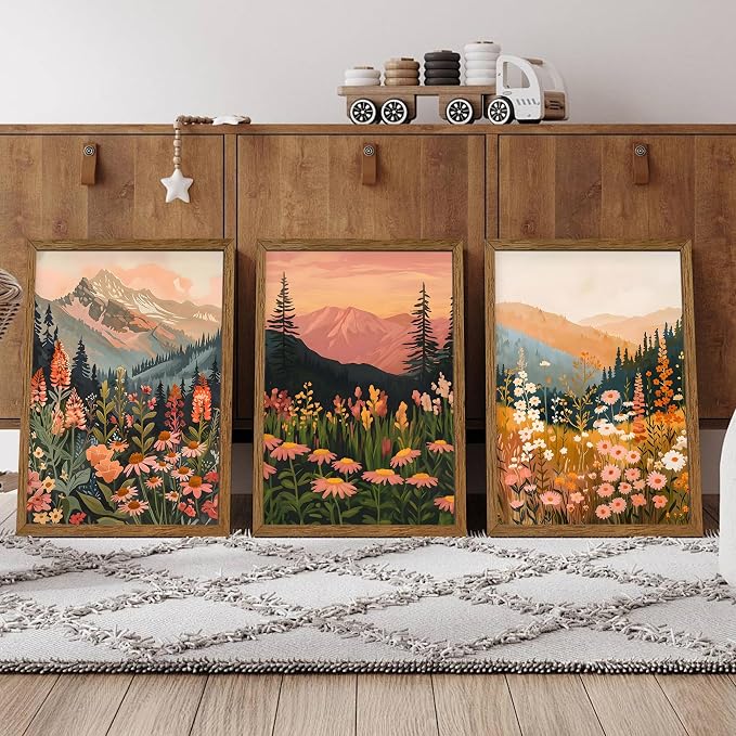 WRFON Botanical and Flower Canvas Wall Art, Framed Mountain Landscape Wall Art Set of 3, Wildflower Meadow Canvas Print, Rustic Nature Decor for Living Room Bedroom Cabin Lodge Farmhouse Decor, 16x24