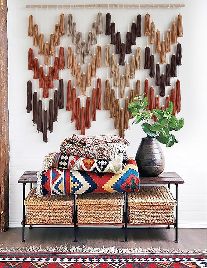 Macrame Wall Hanging Yarn Boho Handmade Wave Tassel Home Decor 47"W*39"L | For Bedroom Living Room Wall Art, Nursery Decor, Home Office Decoration, Farmhouse Style, Dorm Room Decor, Handmade Gift