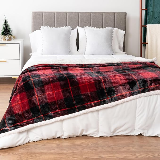 PAVILIA Twin Plaid Sherpa Throw Blanket for Couch Sofa Bed, Black Red 60x80 | GSM 460; Soft Plush Flannel Fleece; Warm&Cozy for Home; Machine Washable, Perfect Cabin Decor Winter Holiday Christmas Gift