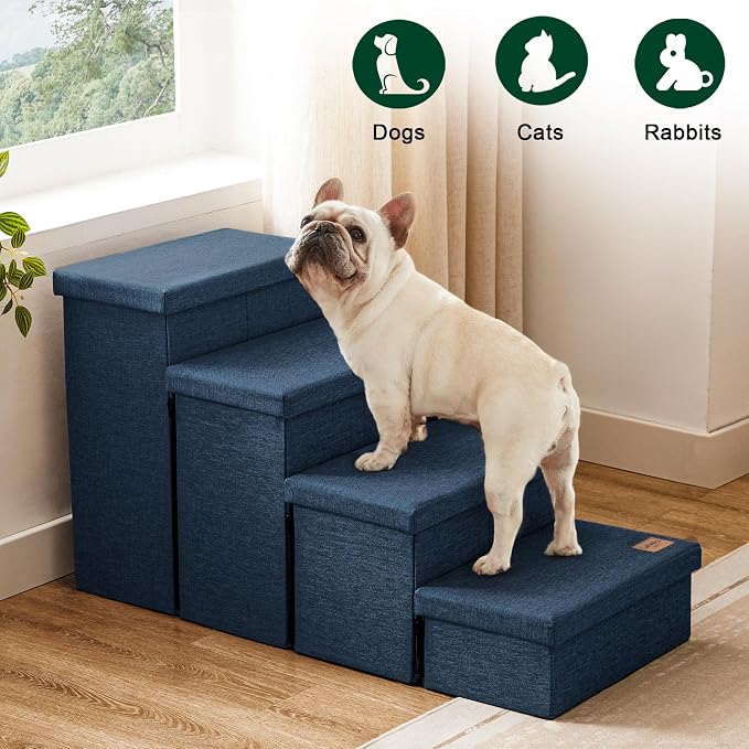Love's cabin Dog Stairs for High Bed, Foldable Pet Stairs for Small Medium or Large Dogs Puppy with Storage for Bed or Couch, Cat Dog Steps Ramp with Zip up to 200 lbs, Navy Blue, 4 Steps