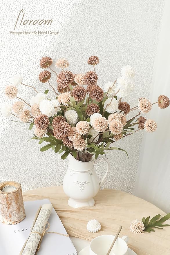 9pcs Taupe Beige Mix Faux Silk Mums Artificial Flowers, Bulk Fake Small Mini Chrysanthemums with Stems for DIY Wedding Centerpieces Floral Arrangements Vase Fillers Home Decorations