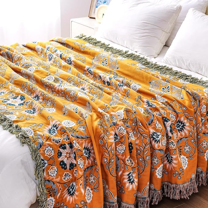 VANJOROY Boho Throw Blanket, 100% Cotton Soft Sofa Bed Throw-Floral Farmhouse Decor Blanket, Reversible Bohemian Throw for Chair Couch Quilt and Gift, 60" x 80"-Yellow