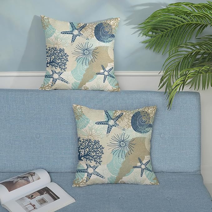 Nautical Coastal Pillow Covers 18x18 Inch Set of 2, Beach Themed Ocean Throw Pillows Starfish Seashell Decorations Summer Pillowcase Linen Outdoor Decor Farmhouse Cushion Case for Home Bedroom