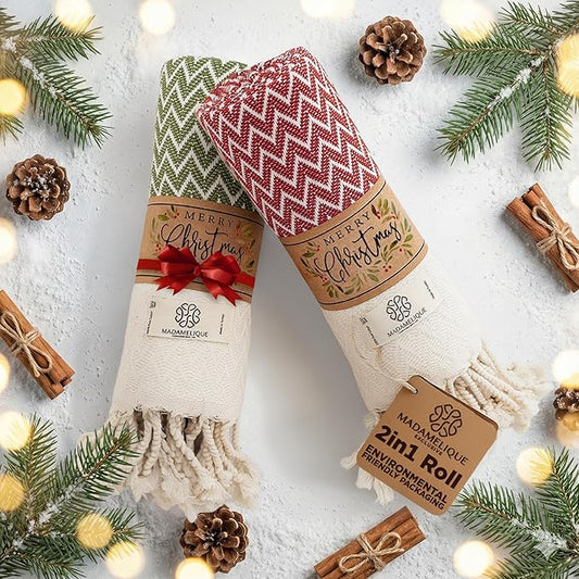 Madamelique Christmas Hand Towels Set of 2-18 x 40 Inches - Decorative Bathroom Peshtemal Towel for Hand, Face, Hair, Yoga, Tea, Dishcloth, Kitchen and Bath - 100% Pure Cotton (Christmas)