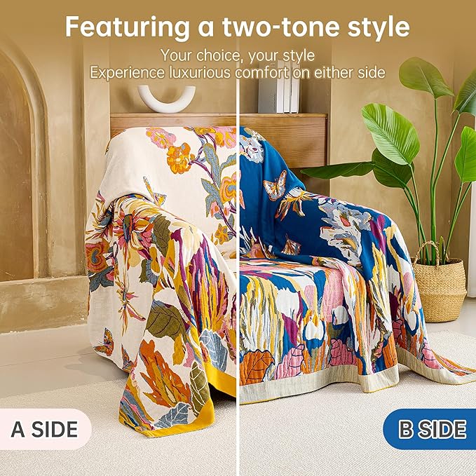 VANJOROY King Extra Large Boho Throw Blanket Oversized 91" x 108", 100% Organic Cotton Soft Bed Throw - Floral Bird Butterfly Pattern Farmhouse Blanket for Couch Sofa Chair and Gift.