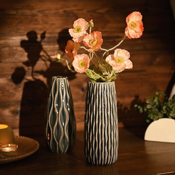 VICTOR & TERESA Ceramic Vase for Flowers, 10'' Set of 2 Decorative Blue Vases for Home Decor, Farmhouse Vases for Pampas Grass, Table, Mantel, Living Room, Shelf, Centerpieces, Gifts for Mom