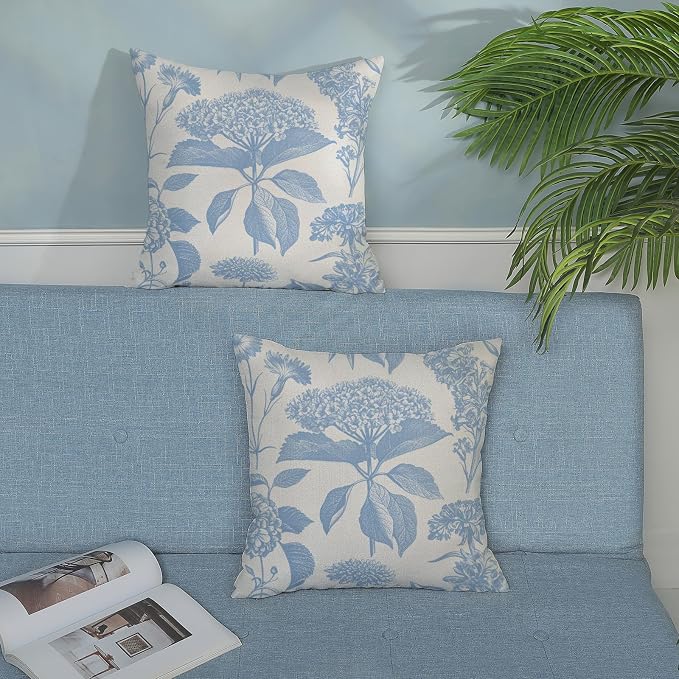Floral Pillow Covers 18x18 Set of 2 Vintage Baby Blue Hydrangea Herb Botanical Throw Pillow Cover Outdoor Decoration Boho Flower Pillowcase Farmhouse Decorative Linen Cushion Case for Home Sofa