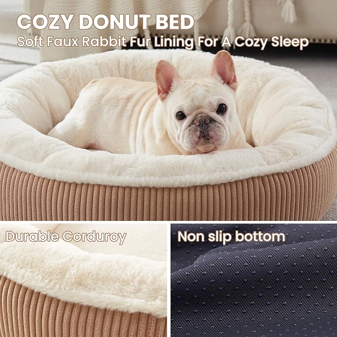 30 inches Calming Donut Dog Bed for Medium Dogs,Brown | Round Pet Bed with Removable&Washable Cover,Plush Faux Fur & Corduroy, Fits Pets up to 30 lbs