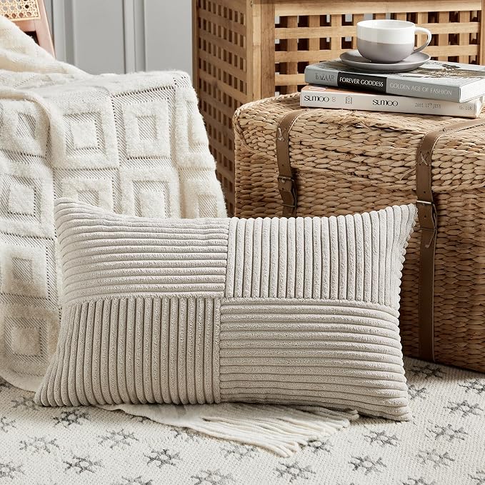 Fancy Homi Neutral Taupe Lumbar Decorative Throw Pillow Covers 16x32 Inch for Living Room Couch Bed Sofa, Farmhouse Home Decor, Soft Striped Corduroy Rectangle Accent Cushion Case 40x80 cm
